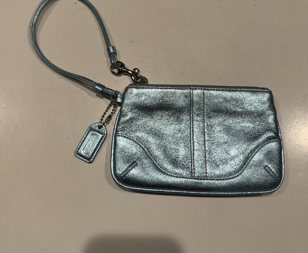 Coach Mini Metallic Blue Soft Leather Wristlet Zipper Purse
